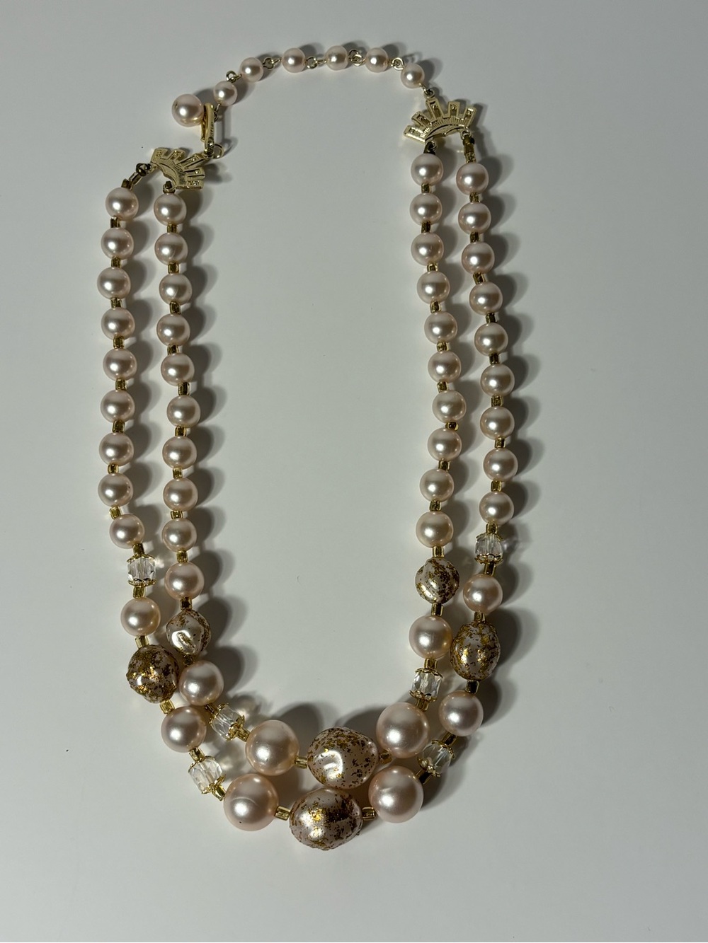 Vintage 1950s Signed Japan Double Strand Pearl & Gold Spatter Necklace